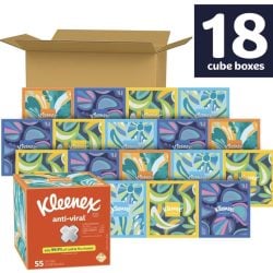 Kleenex Anti-Viral Facial Tissues, Classroom or Office Tissue, 18 Cube Boxes